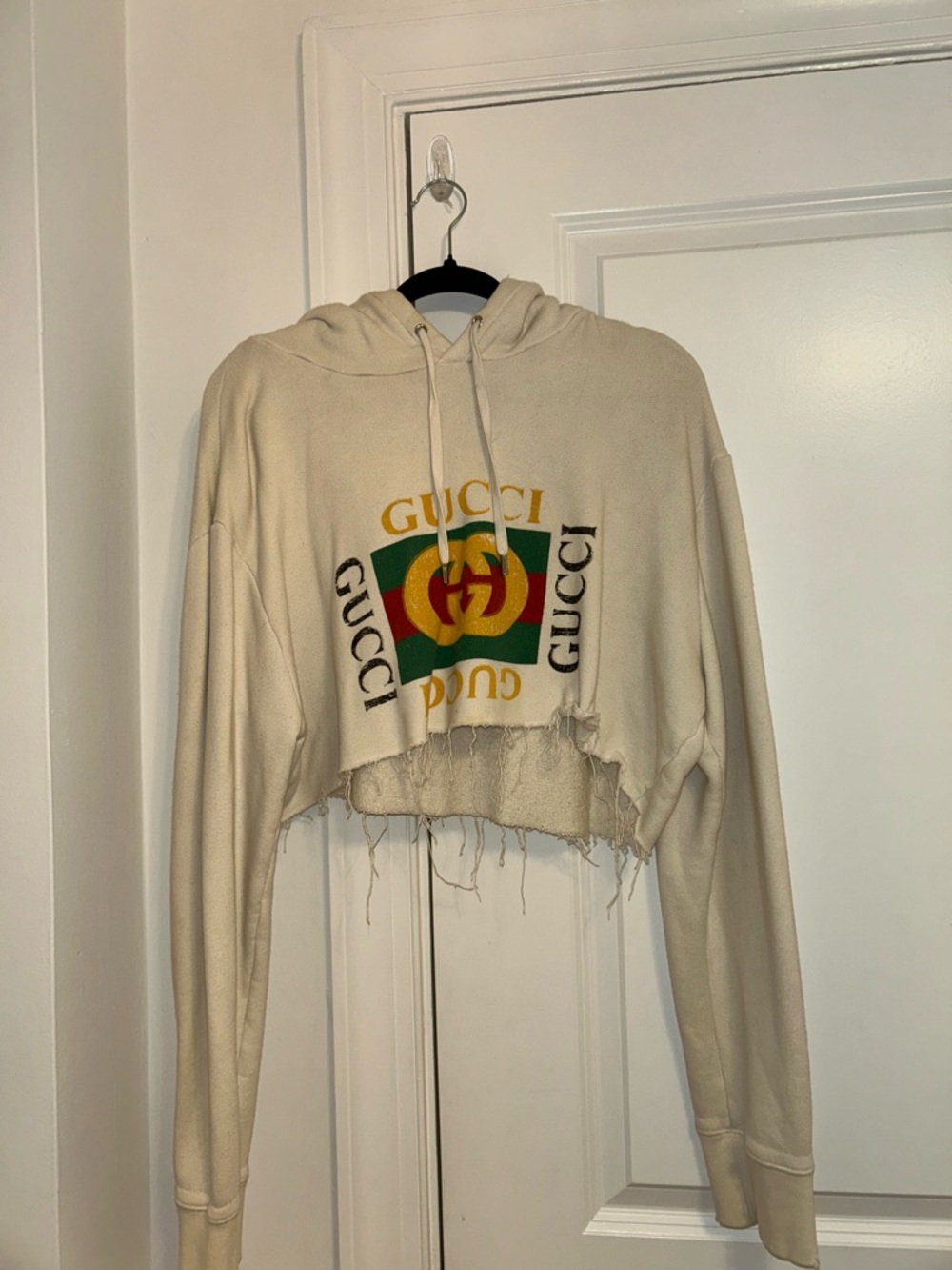 Gucci Cream Cropped Logo Hoodie with Green & Red Accent